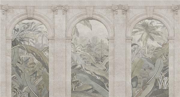 Klasik Kemer Sütun Desenli Duvar Kağıdı | Tropikal Bitki Detaylı Mimari Duvar Kağıdı | Derinlik Etkili Duvar Kağıdı